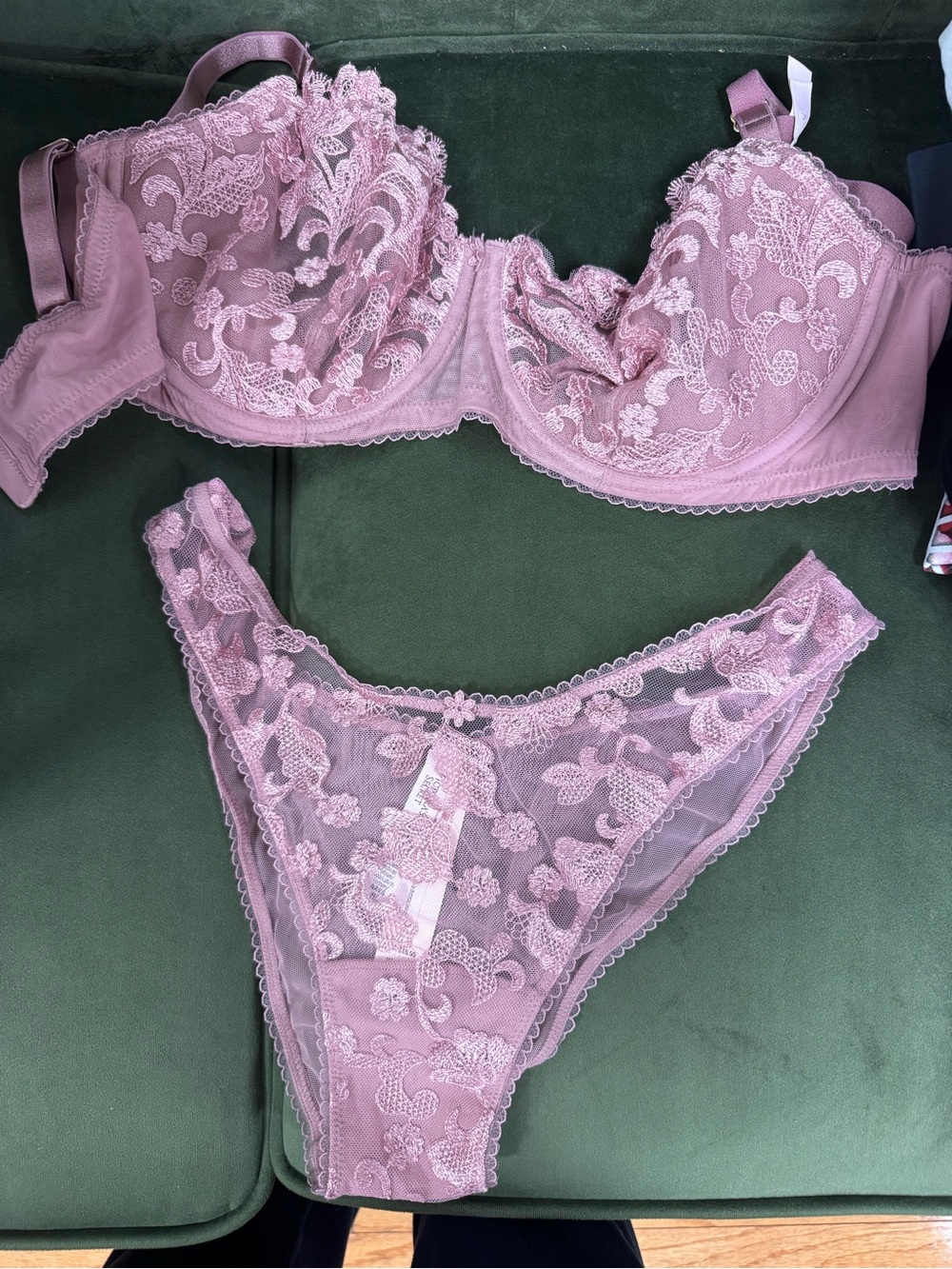 Hold vicky Victoria's Secret Lace Underwire Bra and Bikini Set - Dusty Mauve